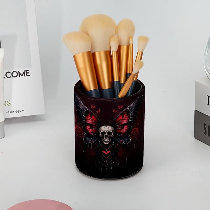 Leather Pen Holder for Desk, Skull Butterfly Pencil Cup Pen Organizer Makeup Brush Holder for Office Home Kids Countertop Desk Accessory Storage