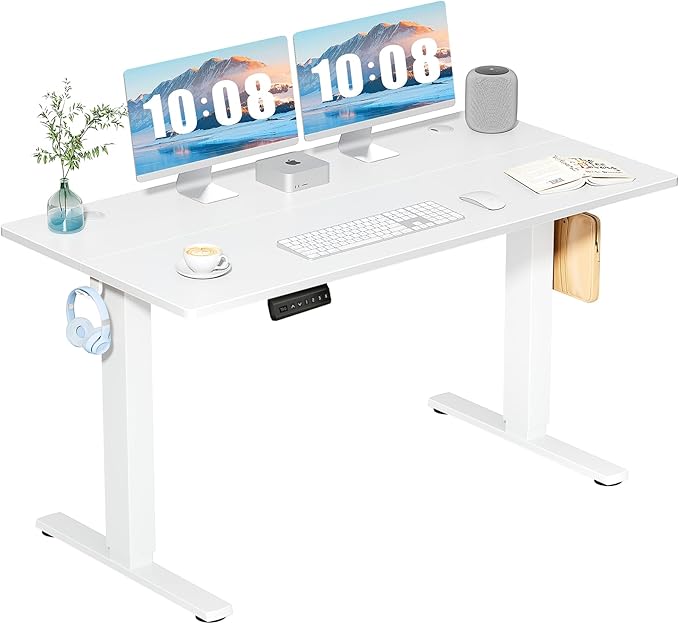 DUMOS 55 Inch Electric Standing Desk, Memory Adjustable Home Office Desk | Sit Stand Up Desk for Work Home Office,Adjustable Desk, Rising Computer Table with Splice Board,Cable Management,Hook,White