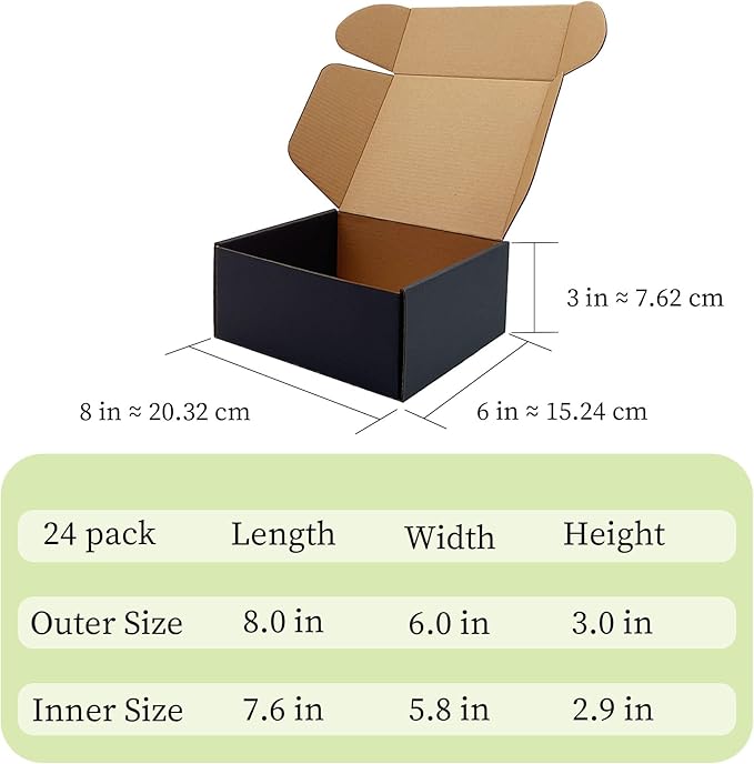 24 Pack 8x6x3 inch Black Shipping Boxes ，Cardboard Packaging Boxes for Mailing Shipping Corrugated Cardboard Boxes for Packaging Small Business Craft Flat Shipping Boxes Empty Gifts Giving Products