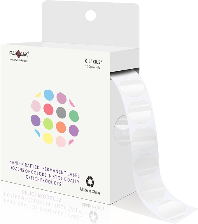 PARLAIM 1/2 Round Permanent Adhesive Color-Code Dot Stickers, 1000 Stickers Roll Dot Labels Dispenser Box Green Circle Labels Transparent