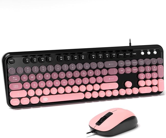 FOPETT 8870P Wired Keyboard and Mouse Combo - Full-Sized Computer Keyboards with 104 Round Keys Retro Typewriter Mouse and Keyboard for PC Windows Desktop Laptop - Pink Colorful