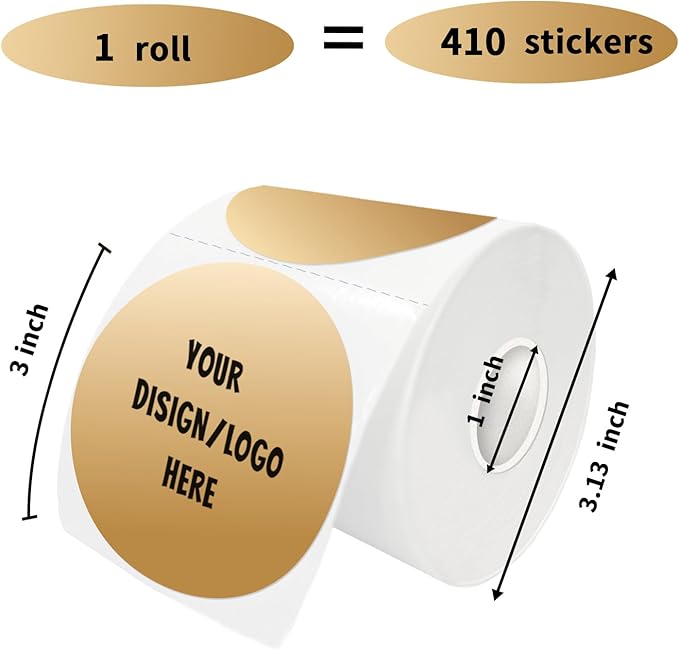 3 Inch Brown Round Thermal Sticker Labels, Multi-Purpose Thermal Labels for DIY Logo Design, QR Code, Name Tags (410 Labels, 1 Roll)