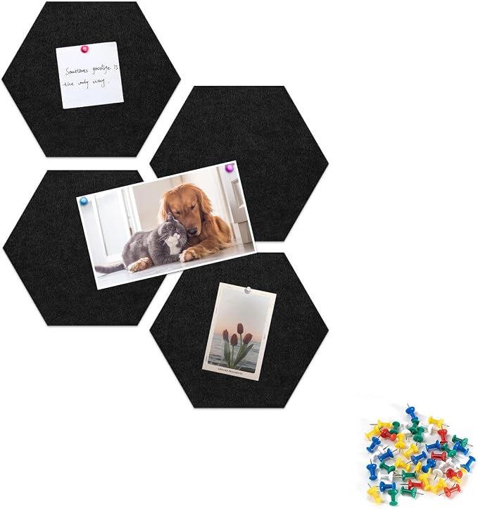 4 Pack Hexagon Felt Bulletin Board Tiles - 12" Large Thick Pin Board for Walls with 30 Push Pins, DIY Boards for Office Home School Decor, Aesthetic Hex Cork Board Alternative