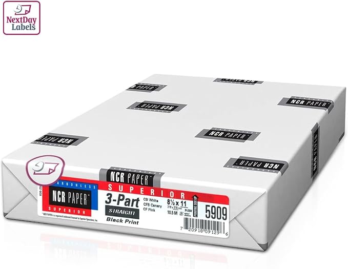 NextDayLabels - Superior Carbon-Less NCR, Pre Collated Paper, 500 Sheets Per Pack (8-1/2" x 11" 3 Part Straight, #5909) | Pre Collated Paper, 500 Sheets Per Pack, Made IN USA, Each pack includes 500 pre-collated sheets
