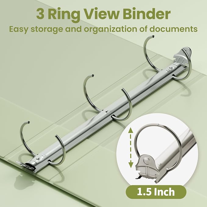 SUNEE 3 Ring Binder 1.5 Inch 2 Pack, Clear View Binder Three Ring PVC-Free (Fit 8.5x11 Inches) for School or Office Supplies, Sage Green