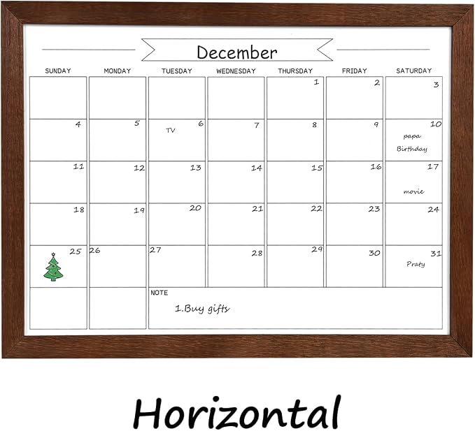Dry Erase Monthly Calendar Whiteboard, Magnetic White Board for Wall,Brown | Small 10.6"x 14.6",Hanging Board for Office, Home School, Solid Pine Wood Black Framed Message Board