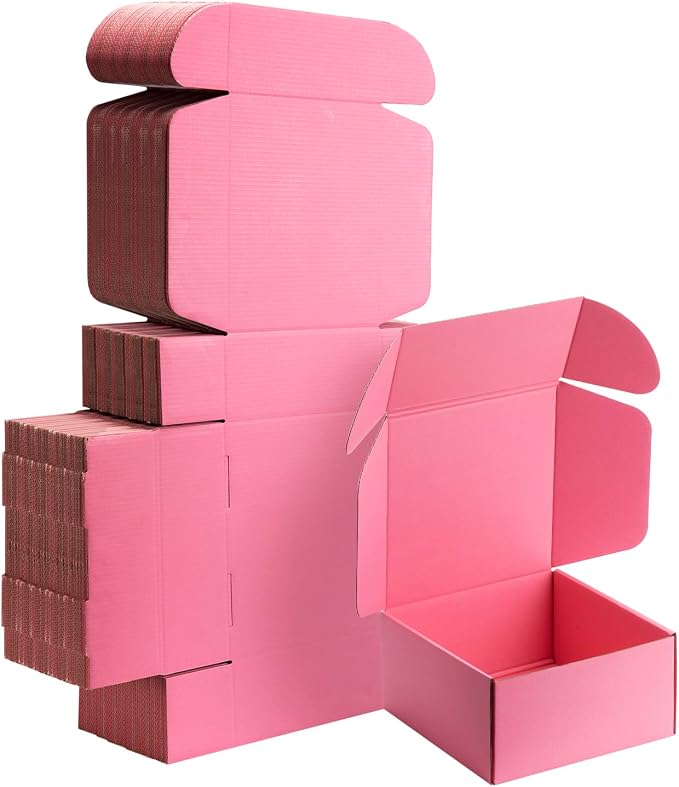 8x8x4 inch Pink Shipping Boxes for Small Business- Set of 25 | Sturdy ECT 32 Corrugated Cardboard Mailer Boxes, Easy Assemble for Packaging, Mailing, Gift