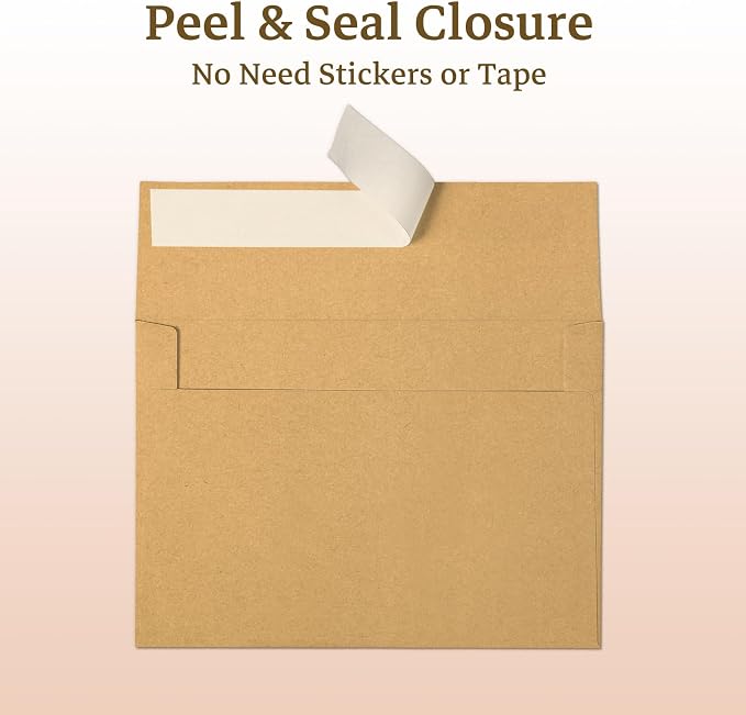 Goefun 100 Pack Brown Kraft Blank Cards and Envelopes 5x7 | Goefun A7 Envelopes Self Seal with Folded Brown Cardstock 5x7 for Invitations, Wedding, Birthday & All Occasions