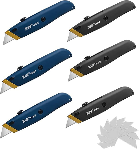 XW Retractable Utility Knife, Box Cutter Set for Cartons with Quick Blade Change, Extra 10 Blades Included, 6-Pack