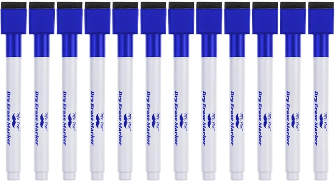 Mr. Pen- Magnetic Dry Erase Markers Bulk, 12 Pack, Fine Tip, Blue with Eraser Cap