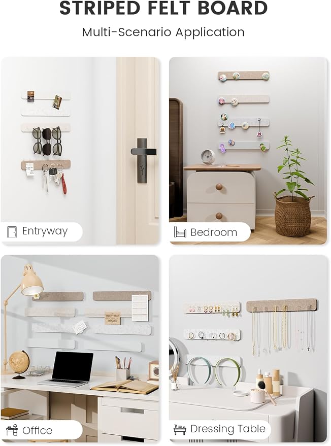 Fluxynara 13" x 2" Felt Wall Panels, Stone Beige | 8-Pack Includes 50 Push Pins and Adhesive Tabs for Photos, Notes and Decor in Bedroom Doors, Home Office or Studios