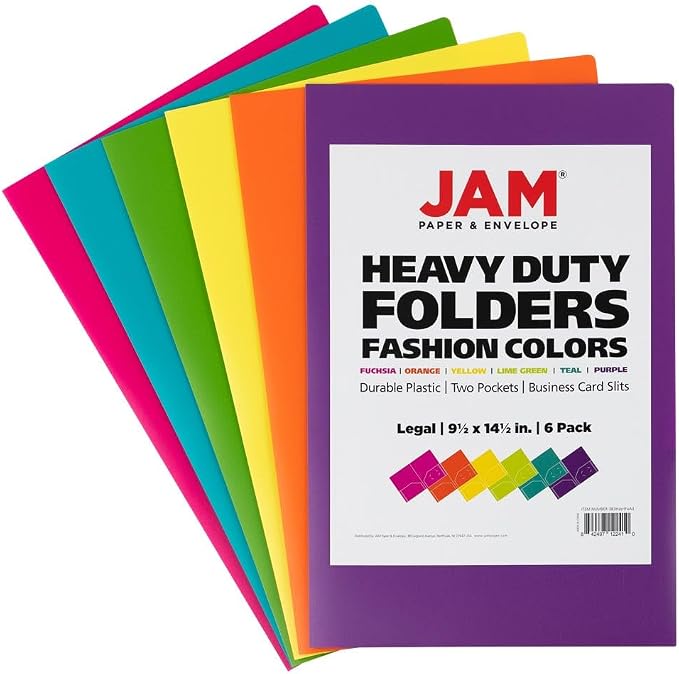 JAM PAPER A4 Heavy Duty Plastic 2 Pocket Presentation Folders - Assorted Fashion Colors - 6/Pack