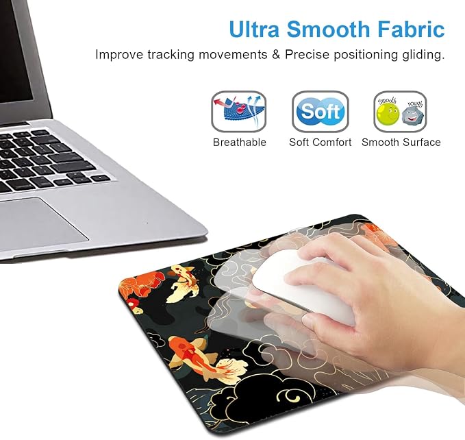 Japanese Koi Mouse Pad, Black Gold Gaming Mouse Pad, Anime Mousepad with Non-Slip Rubber Base, Computer Mouse Mat Office Accessories Decor Gift, 9.5 x 7.9 Inch