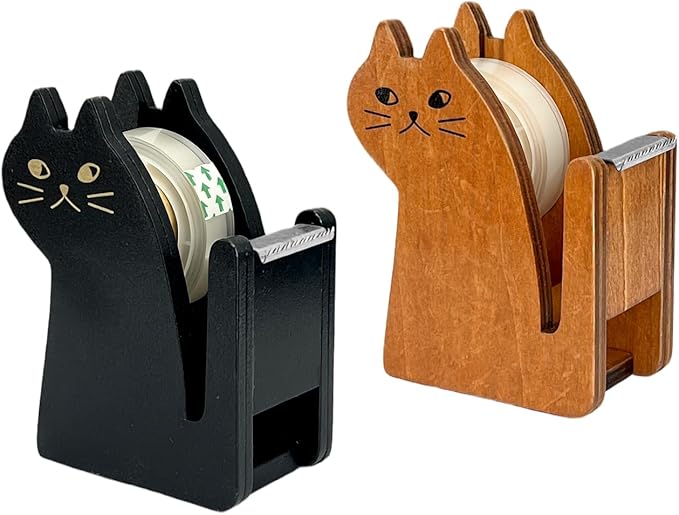 Wooden Tape Dispenser Desk - Cute Adorable Animal Design for Desk Organizing, 2-Pack Set Office & School Supplies (Black and Brown) (Cat)
