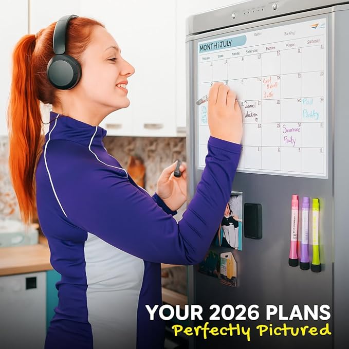 Monthly Magnetic Calendar for Refrigerator - 17x12” Stain-Resistant Dry Erase Fridge Calendar Whiteboard with Large Writing Space for Schedules, Chores & Meals - With 4 Markers & Eraser - Sunday Start