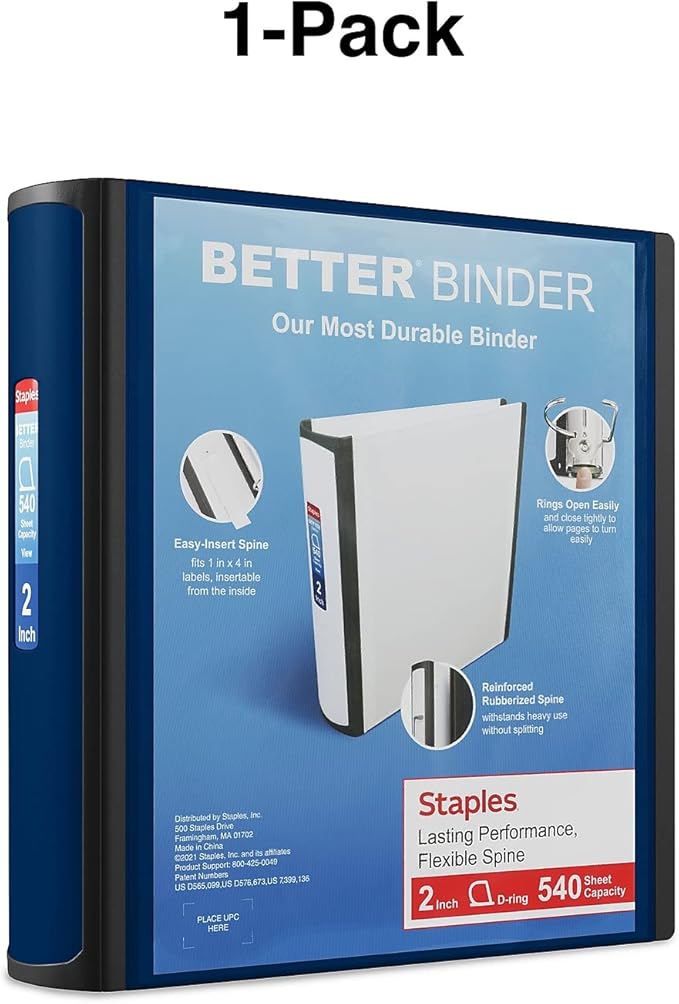 Staples Better Binder 2-Inch 3-Ring Binder, Blue – Heavy-Duty Binder for School & Office Organization
