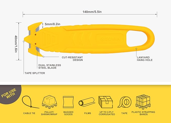 Safety Box Cutter, T TOVIA SK2 Stainless Steel Concealed Blade Package Opener with Tape Splitter for Cartons, Cardboard, Wrap, Straps, Film (5 Pieces - Yellow)