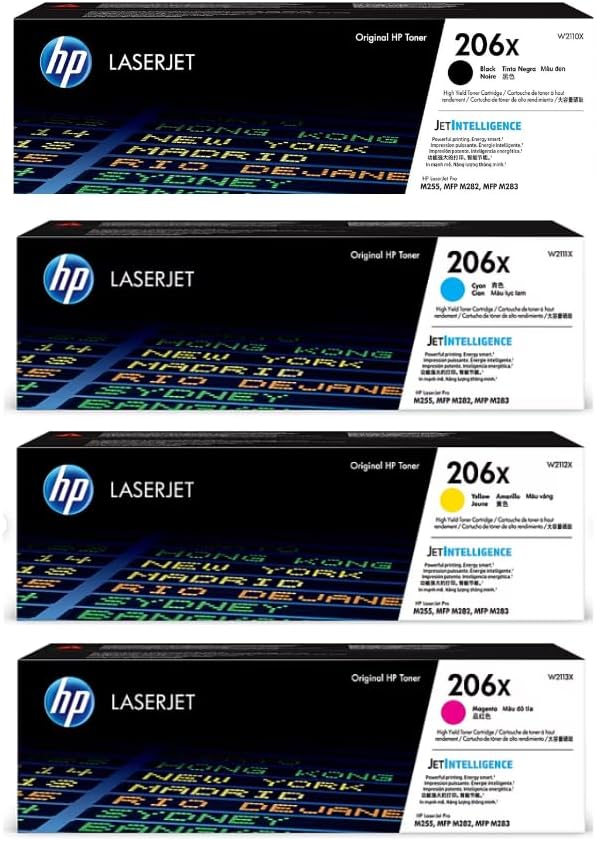 HP 206X High-Yield Toner Cartridge 4-Pack (Black, Cyan, Magenta, Yellow) | Compatible Color LaserJet Pro M255 & MFP M282/M283 Series Printers | W2110XQ1 Combo Pack
