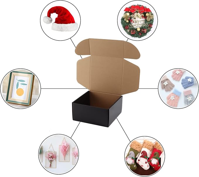 Hoikwo 25 Pack 8x8x4 Shipping Boxes for Small Business, Black Packaging Cardboard Boxes, Moving Mailing Packing Box