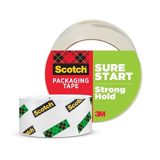 Scotch Sure Start Shipping Packaging Tape, 1.88" x 54.6 yd, Designed for Packing, Shipping and Mailing, Quiet Unwind, No Splitting or Tearing, 3" Core, Clear (345),1 Roll (Pack of 12)
