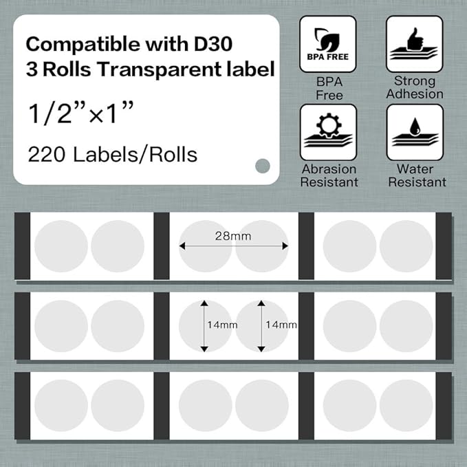Phomemo D30 Labels,Transparent Circle 1/2" X 1" (14mm X 28mm),Adhesive Label Paper, 220 Labels/Roll,3 Roll, Compatible with Phomemo D30 Portable Bluetooth Label Maker