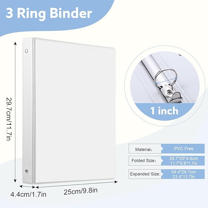 3 Ring Binder, 6 Pack 1 Inch Binder with 2 Interior Pockets & Clear View Overlay, Large Capacity, 1 Inch Binders 3 Ring, Round Ring Binders for Office, School, Home (White)