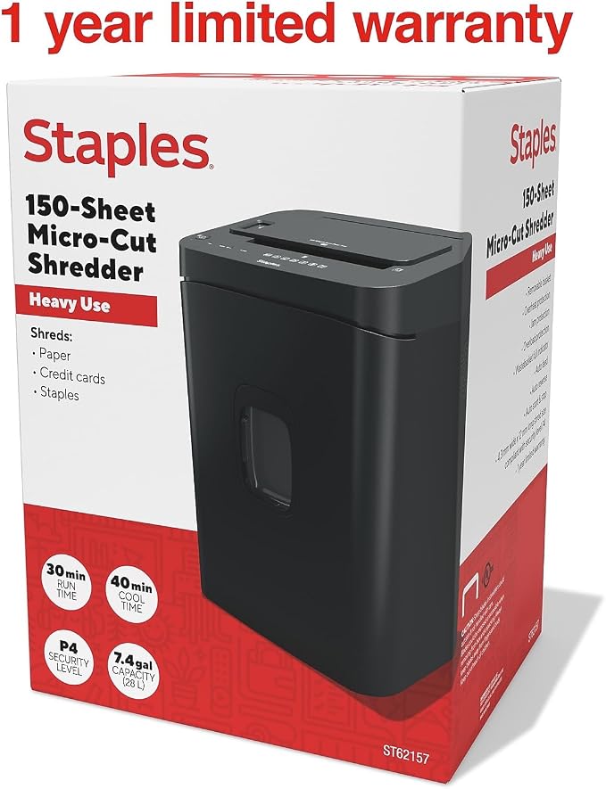 Staples 150-Sheet Micro-Cut Paper Shredder, Autofeed, Anti-Jam, Black | 7.4-gallon pull-out bin for home or office shredding of bulk documents.