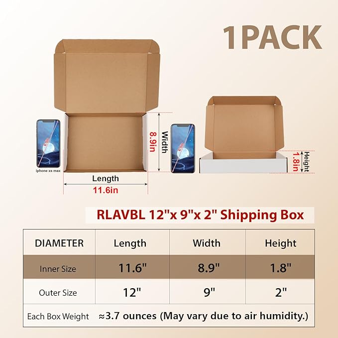 RLAVBL 12x9x2 Shipping Boxes Set of 1, White Corrugated Cardboard Box for Packing, Mailing, Business