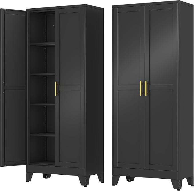 Metal Storage Cabinet with 2 Doors and 4 Adjustable Shelves - 71" Steel File Cabinet,Tool Cabinets for Office,Home,Garage,Gym,School (Black)