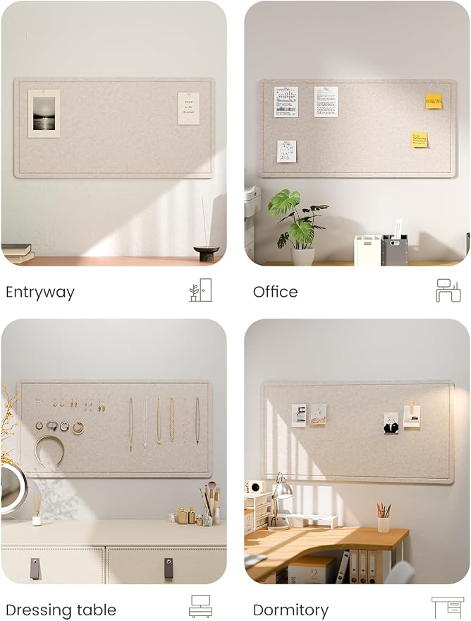 Fluxynara 35" x 17.1" Bulletin Board, Oatmeal | Cork Board Alternative with 12 Removable Adhesive Tabs, Foldable Felt Pin Board for Home, Office, Classroom & Dorm