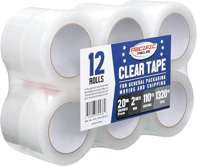 Pacific Mailer Clear Packing Tape, Packaging Tape for Shipping Packaging Moving Sealing 2 Inch Wide, 2.0mil Thickness, 110 Yard Per Roll, Total 1320 Yards [Pack of 12 Rolls]