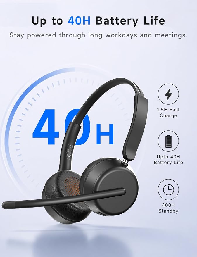 AOC Wireless Headset with Mic for Work, Bluetooth 5.4 Headphones-Dark Black | AI Noise-Canceling Mic for Clear Calls, Computer Headset with Mic Mute & USB A/C Dongle for PC, Computer, Laptop