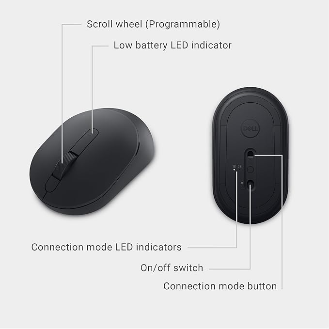 Dell Mobile Wireless Mouse - MS3320W, Wireless - 2.4 GHz, Bluetooth 5.0, Optical LED, Mechanical Scroll, 1600 DPI, 3-Buttons - Black