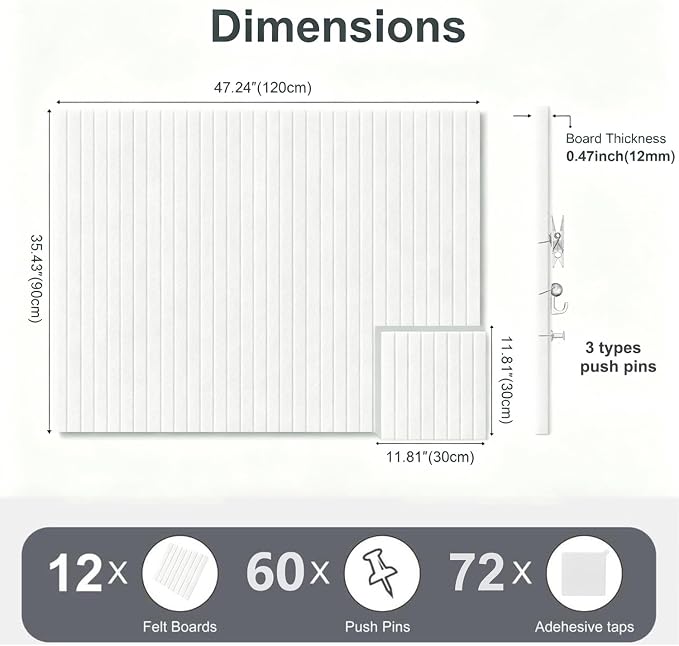 0.47" Thick Felt Pin Board 48"x36" Large Cork Board Alternative 12 Pack 11.81"x11.81"Felt Bulletin Board Wall Tiles Notice Board with 60 Pushpins for Home Office School(Fine-White)