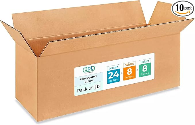 Long Moving & Shipping Boxes 24x8x8 inches (10-Pack) - Extra Strength 200 lb vs Regular - USA-Made Corrugated Durable Cardboard Boxes - Long Cardboard Box - Packing and Moving Box by IDL Packaging