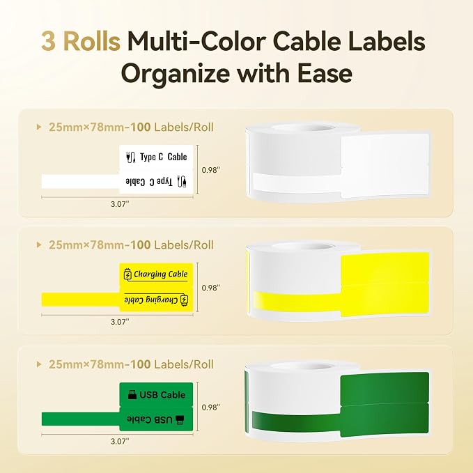 NIIMBOT Cable Labels 3 Rolls Set for B1/B21/B2/B31 Label Maker, 3 Colors | 25x78mm (0.98'' x 3.07'') 100 Labels/Roll, Refill Labeling Tape for Home School Office Small Business, White/Yellow/Green