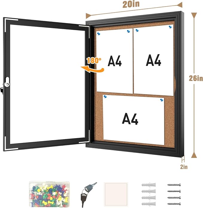 Mifuro 26"x20" Enclosed Bulletin Board, Outdoor Lockable Weather-Resistant Aluminum Cork Noticeboard for School & Office, Black Frame w/Cork