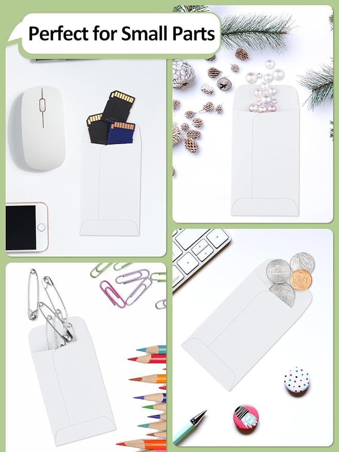 #1 Coin Envelopes Eupako 100 PCS 2.25x 3.5" White Small Parts Envelope with Gummed Flap Kraft Seed Envelopes for Garden, Home and Office