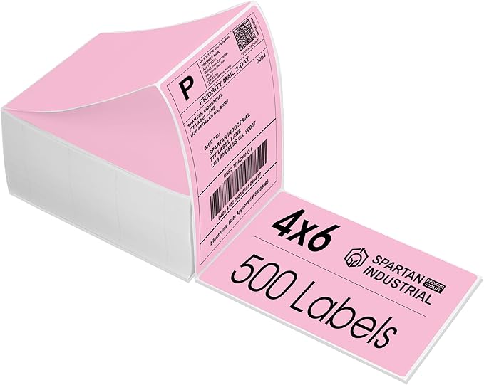 Spartan Industrial - 4" X 6" Pink Direct Thermal Fanfold Labels (500 Count, 1 Stack) - Printable Postage Shipping Labels, Package Identification - Compatible with Zebra and Rollo Printers