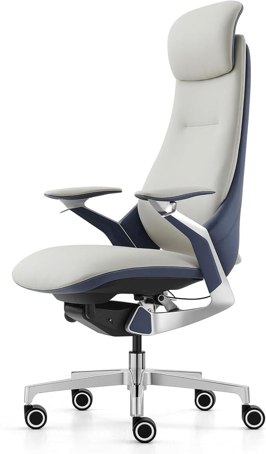 Genuine Leather Executive Office Chair，Top-Grain Cowhide, Ergonomic Design | Adjustable seat and headrest heights, 3-position recline (lockable)—suitable for home offices and high-end office settings.