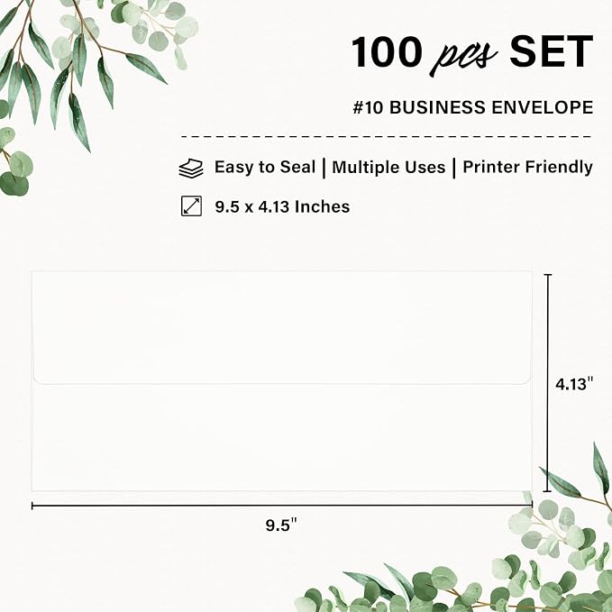 QIKSION 100 Pack #10 Envelopes Letter Size Self Seal Business Envelopes | Security Mailing Envelopes, 4 1/8 x 9 1/2 Inches, White