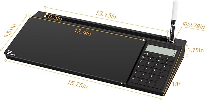 TOWON Glass Desk Whiteboard with Calculator 17x6 in, Desk Organizer, Black | Desktop whiteboard with 12-digit LCD calculator. Storage for office, home, school. Glass dry erase with accessories.