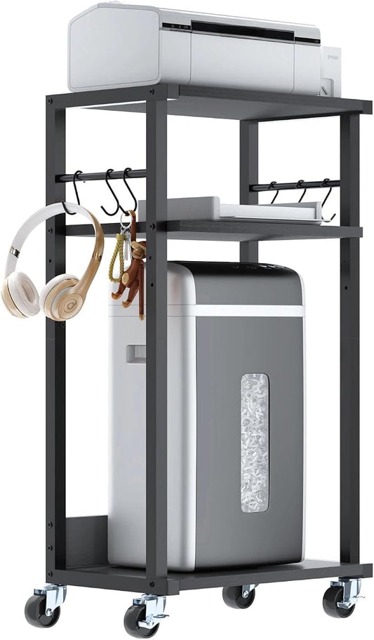 YMYNY 3-Tier Mobile Printer Stand 32.28 * 17.32 * 11.81" Black, HPT002B | Printer Cart with Adjustable Storage Shelf & 6 S-Hooks Tall Printer Table for Home Office,for Computer Tower Stand,Shredder