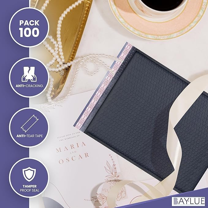 Black Large Poly Bubble Mailers 12x15 inch | Self Seal Padded Envelopes Cushioned Bubble Mailer | Usable Size 12x15 | WaterProof | Lightweight mailing Shipping Bags | 100 Pack Bulk