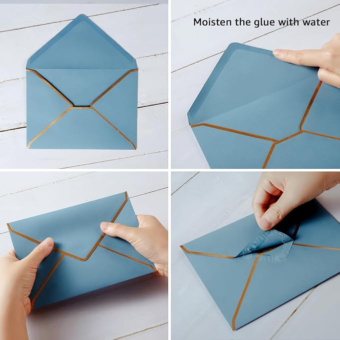 50 Pack A4 Envelopes Dusty-Blue 4x6 with Gold Border, 4.25x6.25 | Self-Adhesive, V Flap, For Wedding, Graduation, Baby Shower, Parties, Invitations