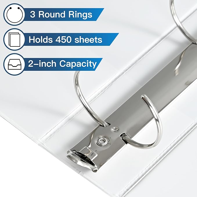 2-inch 3 Ring Binder with 2 Interior Pockets, Heavy Duty 2'' Binders Holds US Letter Size 8.5'' x 11'' Paper - Versatile Binders for Office, Home, and School Use, 6 Pack (White)