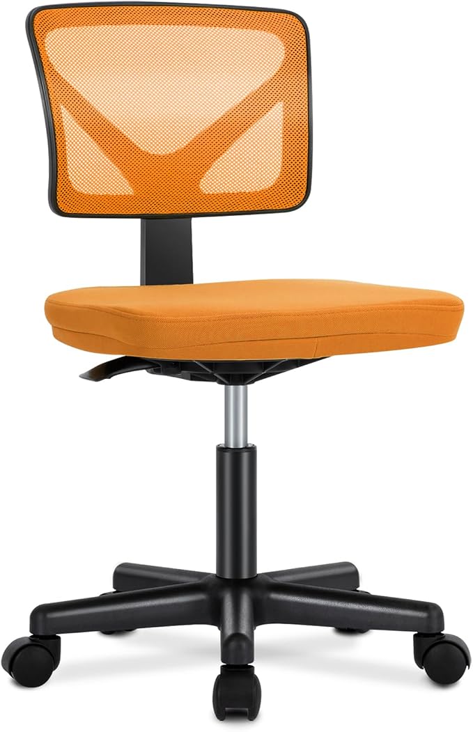 Sweetcrispy Small Armless Desk Chair, Mesh Rolling Office Chairs | Adjustable Ergonomic Lumbar Support, Low-Back, Swivel Wheels, Home Work, Bedroom, Study, Student, Adults, Orange