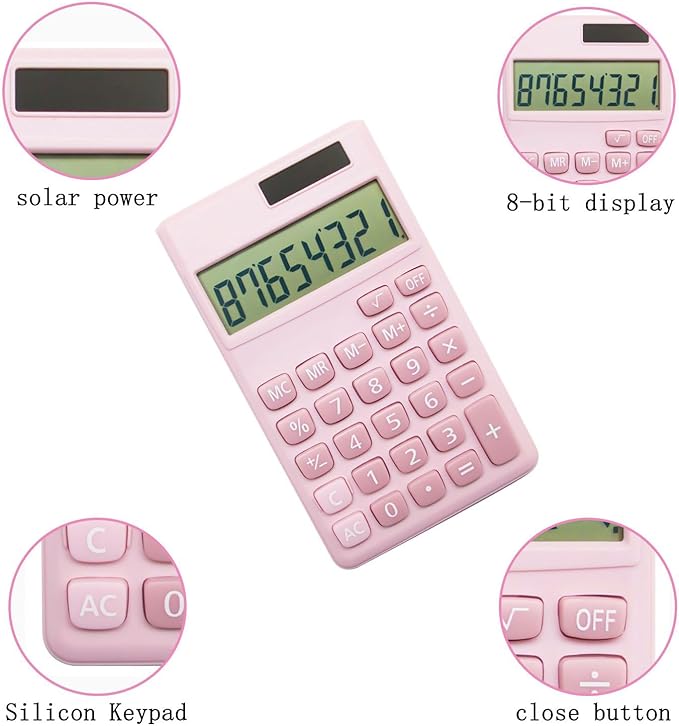 Basic Standard Calculators Small Digital Desktop Calculator with 8-Digit LCD Display, Battery Solar Power Smart Calculator Pocket Size for Kids for Home School (Pink 2pcs)