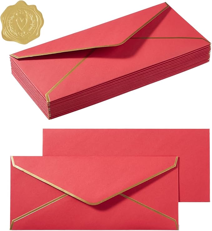 50 Pack #10 Business Envelopes with Gold Border, Self Seal Standard Envelopes with Gold Stickers for Office, Checks, Letter Mailing, Invoices, 4 1/8 x 9 1/2 Inches (Red)
