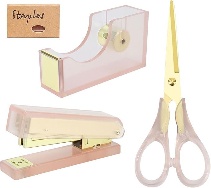MultiBey 1-Inch Core Clear Acrylic Pink Gold Tape Dispenser Desk Set | Heavy Duty Stapler with 950Pcs Rose Gold Staples, Acrylic Scissors, Stationery Set for Home Office & School Supplies
